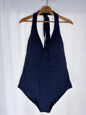 Boden One-Piece Halter Swimsuit, Kefalonia, Textured Navy, Size 12 reg